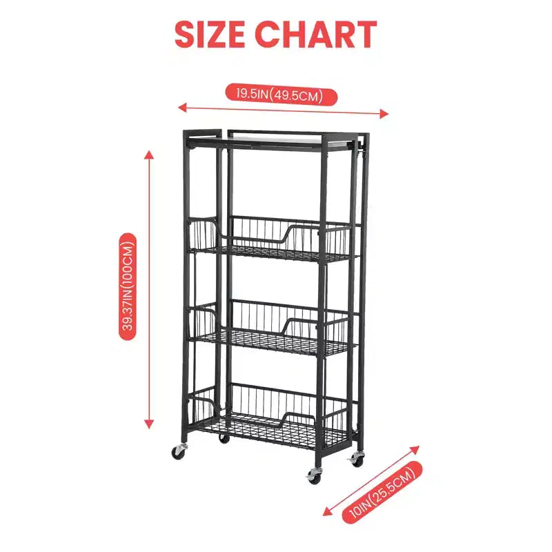 Carrello a 4 Livelli Pieghevole per Cucina, Organizzatore e Contenitore con Cesti, Carrello da Dispensa con Ruote per Frutta, Patate, Verdura, Snack