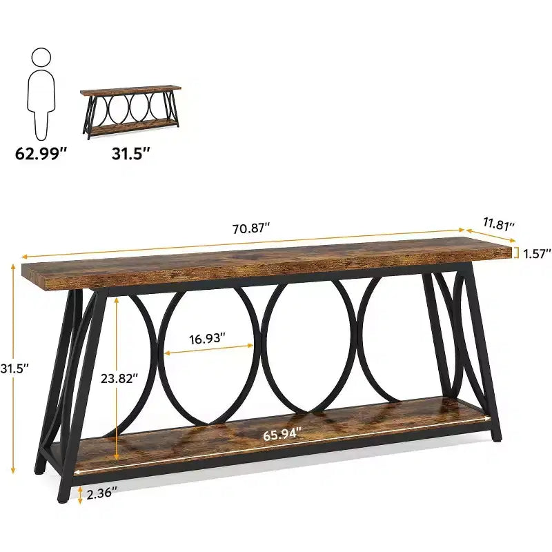 Lantine Consolle da ingresso lunga 180 cm, tavolo da divano industriale a 2 livelli per soggiorno, ingresso, corridoio, marrone e nero