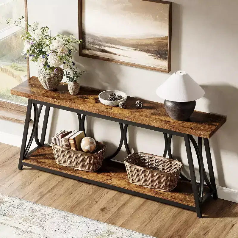 Lantine Consolle da ingresso lunga 180 cm, tavolo da divano industriale a 2 livelli per soggiorno, ingresso, corridoio, marrone e nero