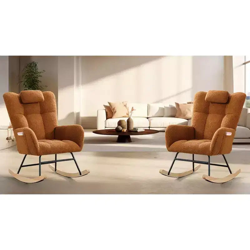 Set di 2 moderne sedie a dondolo imbottite con schienale alto e tasca laterale per soggiorno/camera da letto/cameretta/ufficio