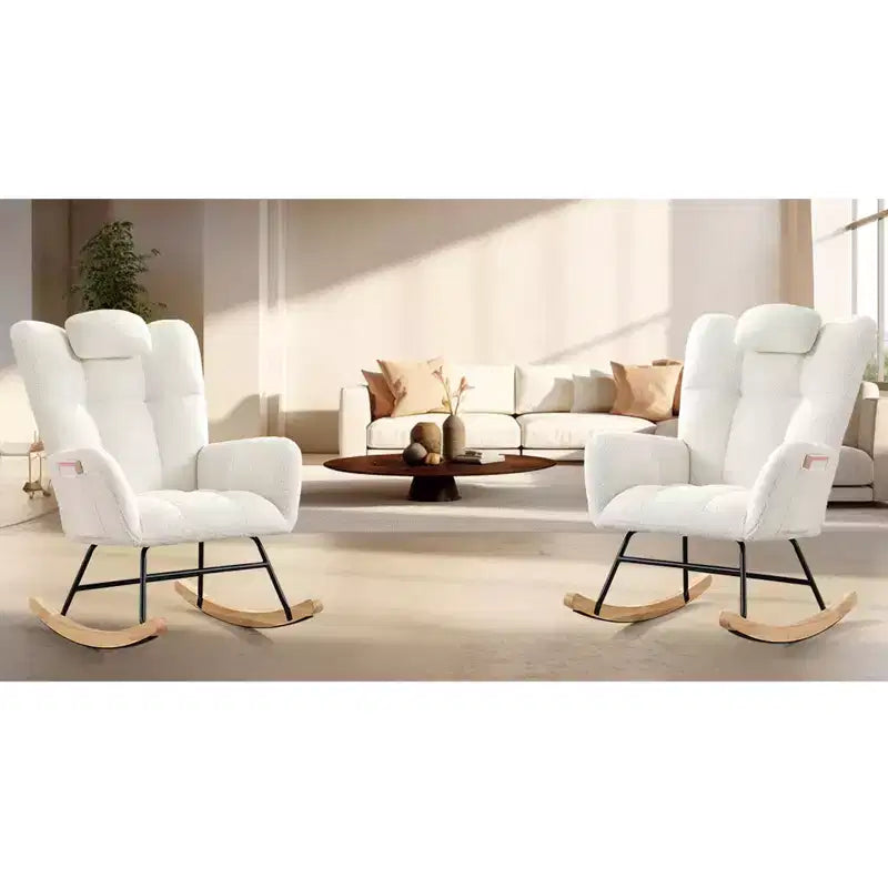 Set di 2 moderne sedie a dondolo imbottite con schienale alto e tasca laterale per soggiorno/camera da letto/cameretta/ufficio