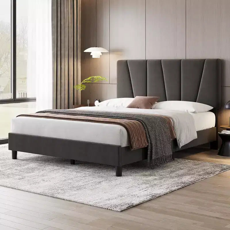 Telaio letto imbottito Acekool con testiera regolabile in velluto, doghe in legno, robusto supporto in metallo, non necessita di box spring