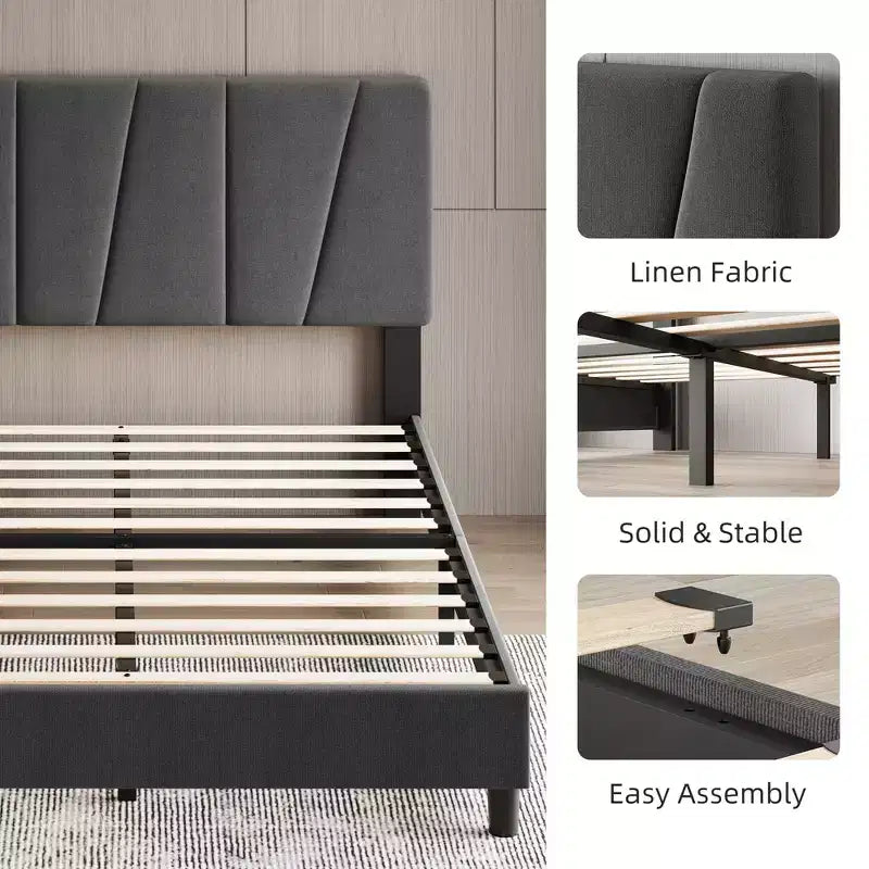 Telaio letto imbottito Acekool con testiera regolabile in velluto, doghe in legno, robusto supporto in metallo, non necessita di box spring