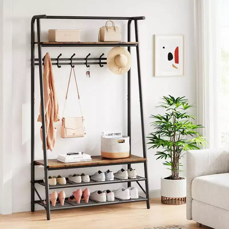 Appendiabiti da Ingresso con Panchina e Porta Scarpe, Panca da Ingresso 4 in 1 con Attaccapanni, Organizzatore per Corridoio con Struttura in Metallo per Ingresso, Soggiorno, Camera da Letto