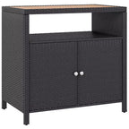 Outdoor Storage Cabinet with Acacia Wood Top, Two Doors, Shelf, Wicker Bar Table for Pool Towel Storage, Black