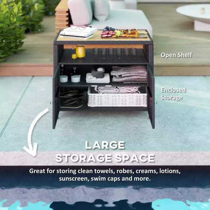 Mobile contenitore da esterno con piano in legno di acacia, due ante, ripiano, tavolo da bar in vimini per riporre gli asciugamani da piscina, nero