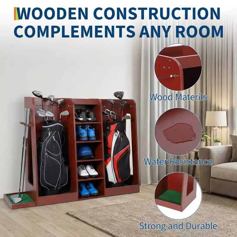 Organizzatore porta sacche da golf in legno, capacità 2 sacche, porta mazze da golf premium da garage, facile da montare, regalo ideale per golfisti e mariti
