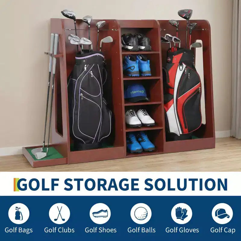 Organizzatore porta sacche da golf in legno, capacità 2 sacche, porta mazze da golf premium da garage, facile da montare, regalo ideale per golfisti e mariti