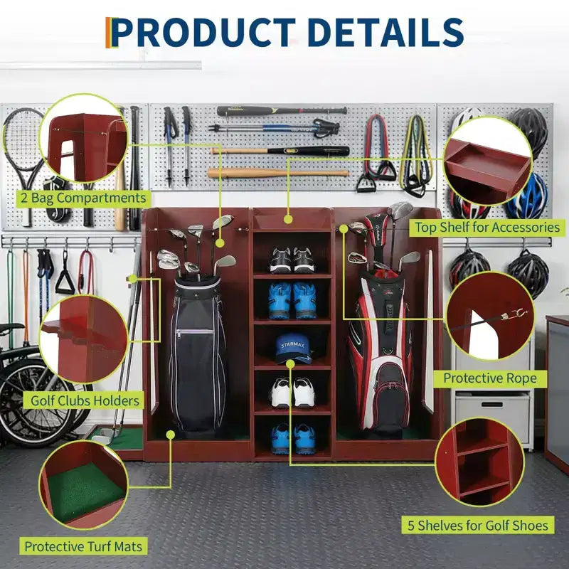 Organizzatore porta sacche da golf in legno, capacità 2 sacche, porta mazze da golf premium da garage, facile da montare, regalo ideale per golfisti e mariti