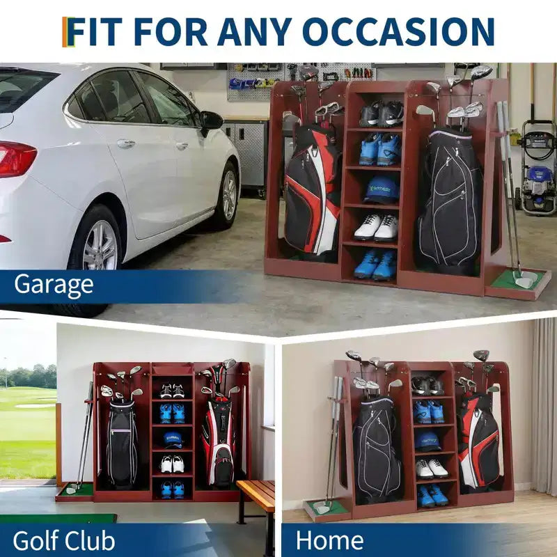 Organizzatore porta sacche da golf in legno, capacità 2 sacche, porta mazze da golf premium da garage, facile da montare, regalo ideale per golfisti e mariti