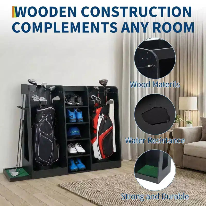 Organizzatore porta sacche da golf in legno, capacità 2 sacche, porta mazze da golf premium da garage, facile da montare, regalo ideale per golfisti e mariti