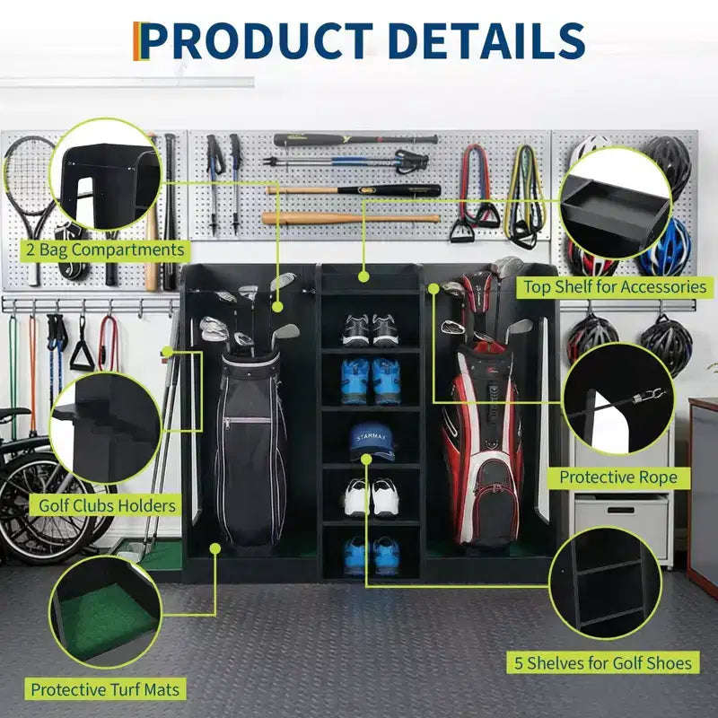 Organizzatore porta sacche da golf in legno, capacità 2 sacche, porta mazze da golf premium da garage, facile da montare, regalo ideale per golfisti e mariti