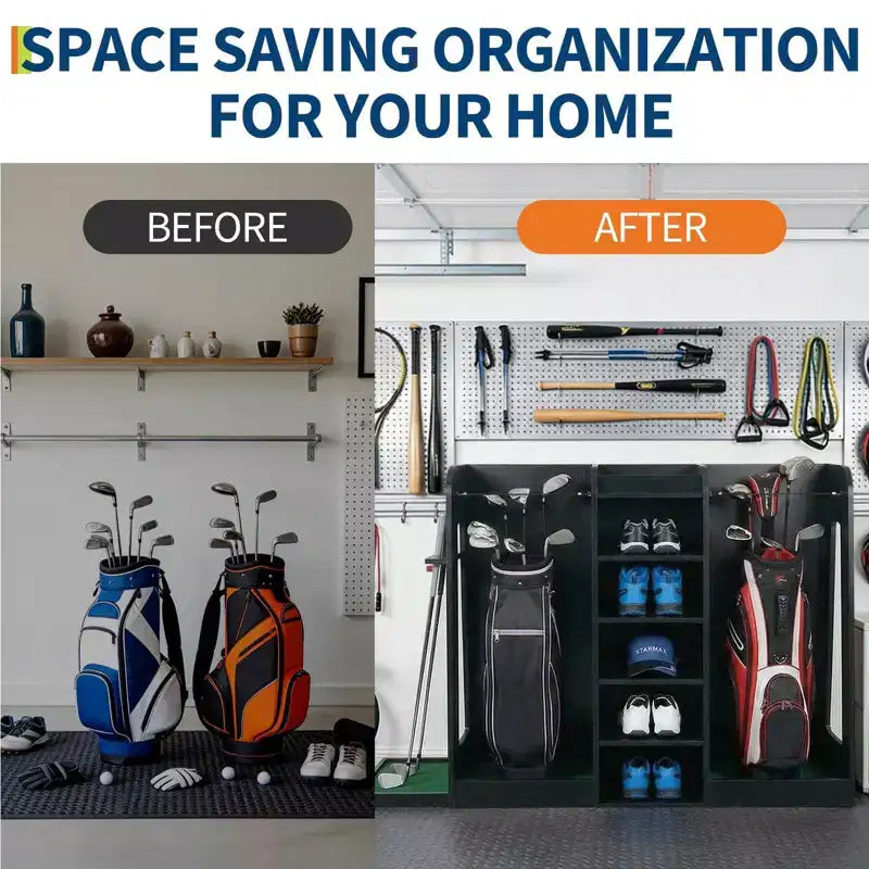 Organizzatore porta sacche da golf in legno, capacità 2 sacche, porta mazze da golf premium da garage, facile da montare, regalo ideale per golfisti e mariti