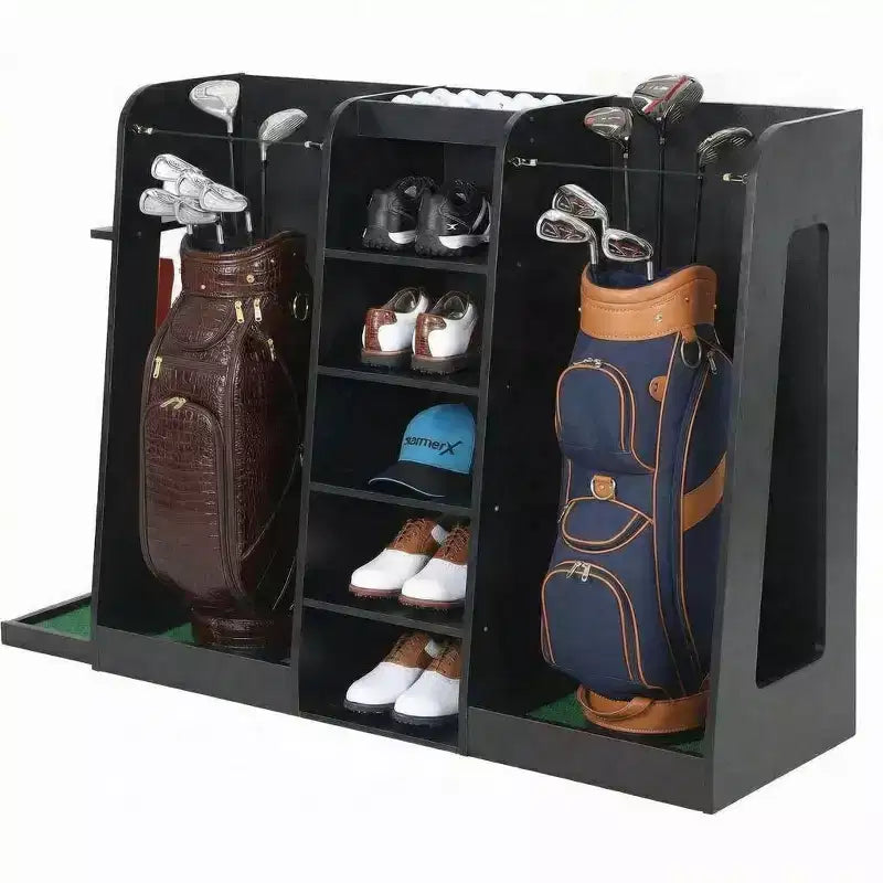 Wooden Golf Bag Storage Organizer  2-Bag Capacity Premium Golf Club Rack for Garage  Easy to Assemble, Ideal Gift for Golfers, Husband