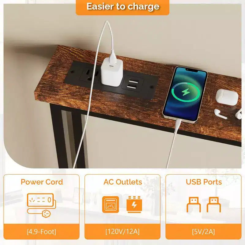 Karl Home Tavolino Divano Consolle Stretto 39,37'' con Prese di Corrente e Porta USB