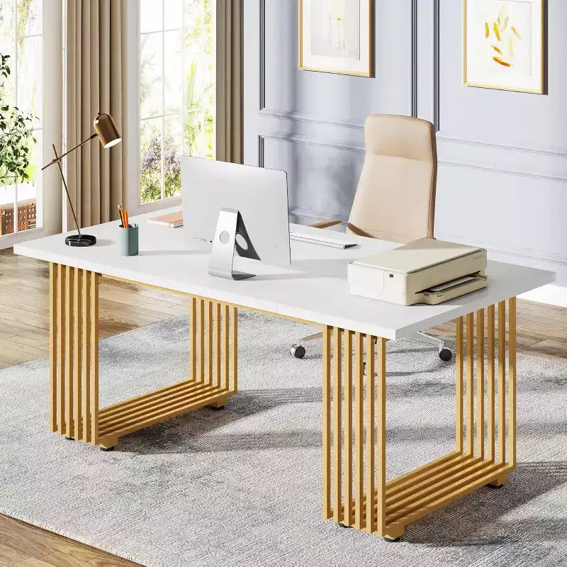 Lantine 70.9-Inch Modern Office Desk, Wooden Computer Desk with Gold Metal Legs, Large Workstation for Home Office, Study Writing Desk