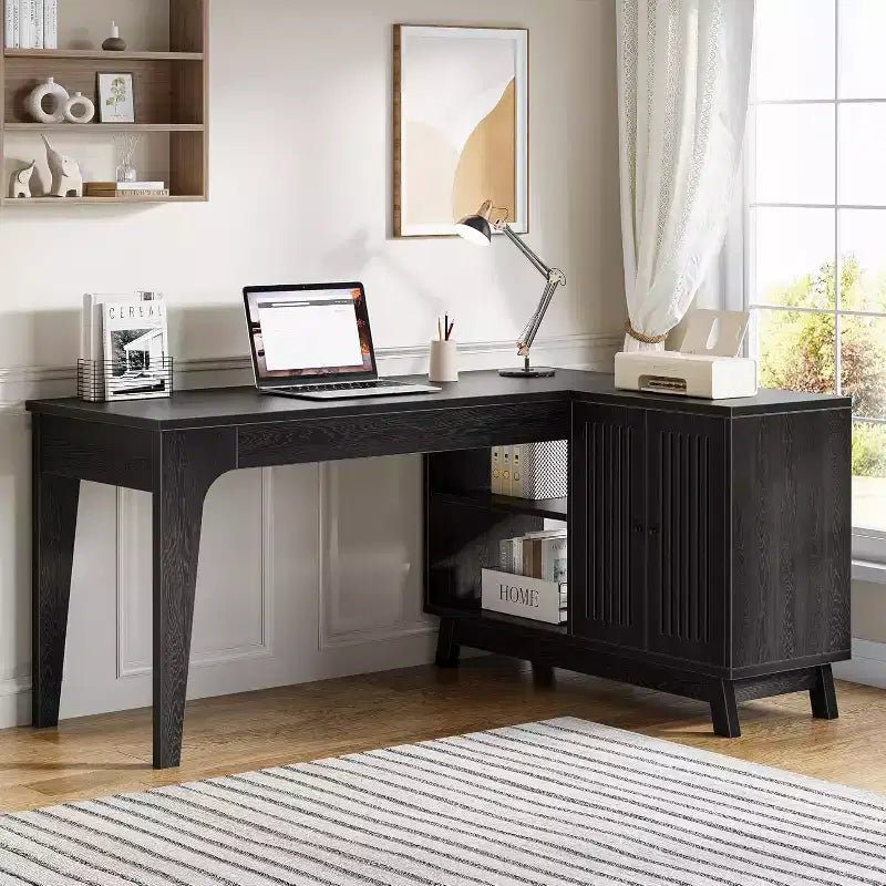 Lantine L-Shaped Desk with Storage Cabinet, 57-Inch Wood Corner Workstation, Home Office Computer Desk, Study Writing Table (Black)