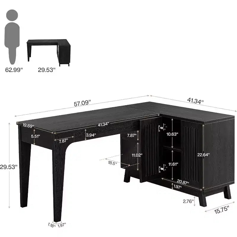 Scrivania angolare a L Lantine con mobile contenitore, postazione di lavoro angolare in legno da 57 pollici, scrivania per computer per ufficio domestico, tavolo da studio e scrittura (nero)
