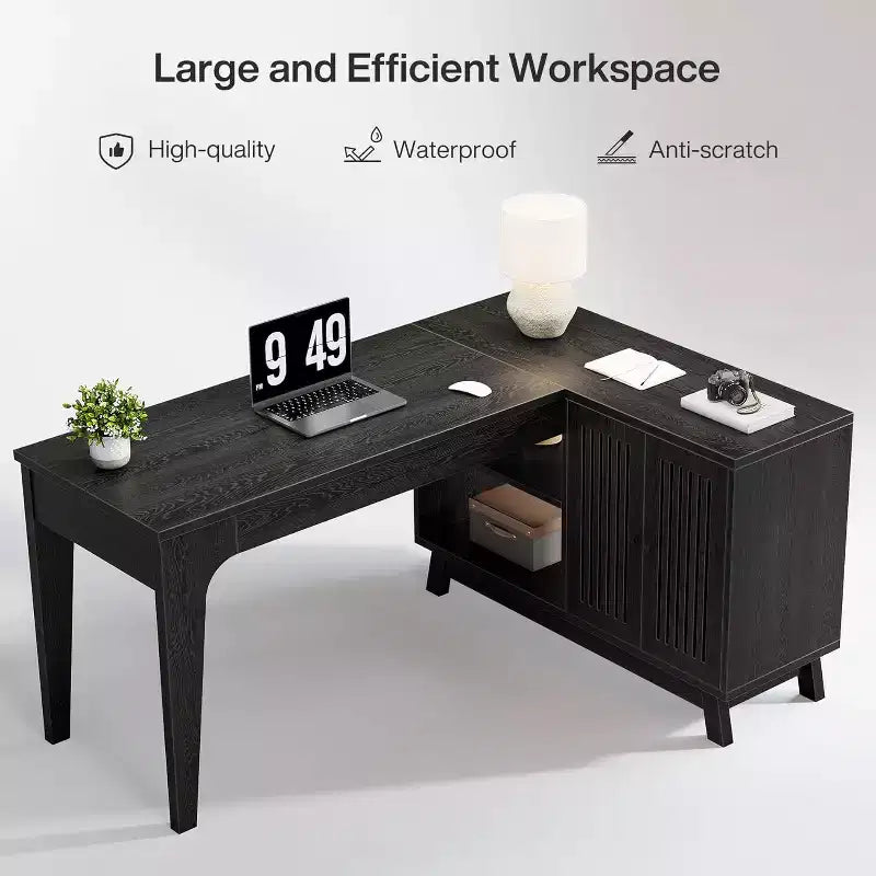 Scrivania angolare a L Lantine con mobile contenitore, postazione di lavoro angolare in legno da 57 pollici, scrivania per computer per ufficio domestico, tavolo da studio e scrittura (nero)