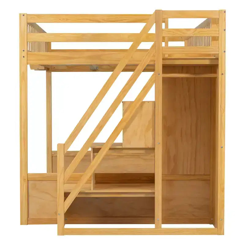 Letto a soppalco Luxystar Queen in legno con armadio, scala contenitore e ripiani