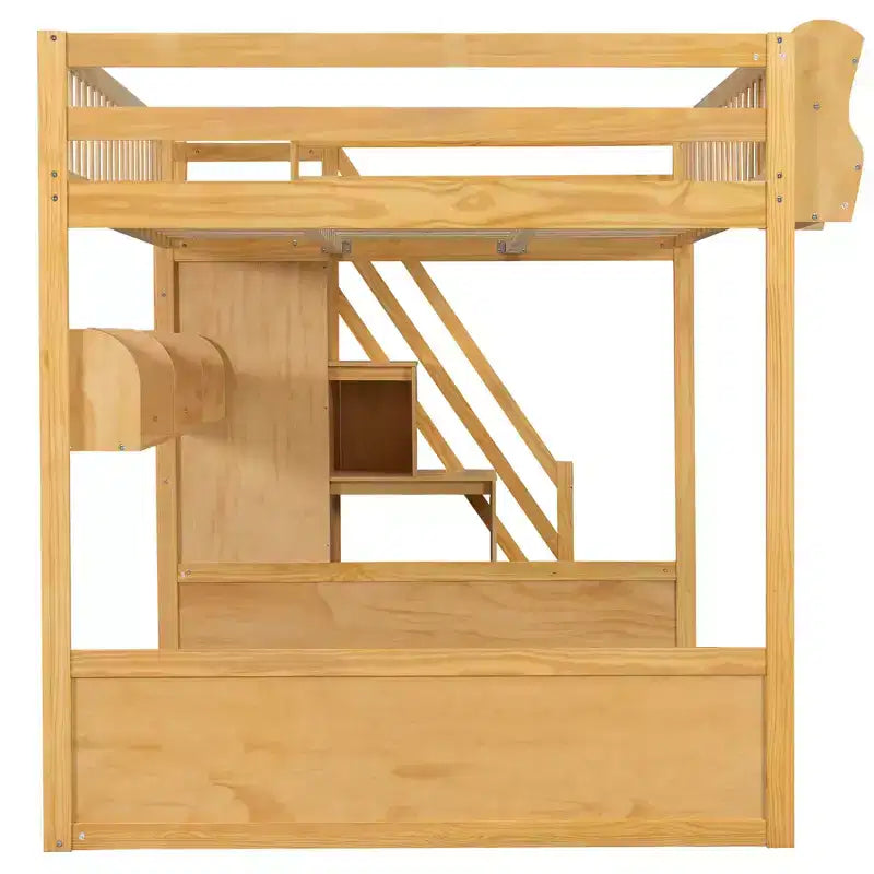 Letto a soppalco Luxystar Queen in legno con armadio, scala contenitore e ripiani