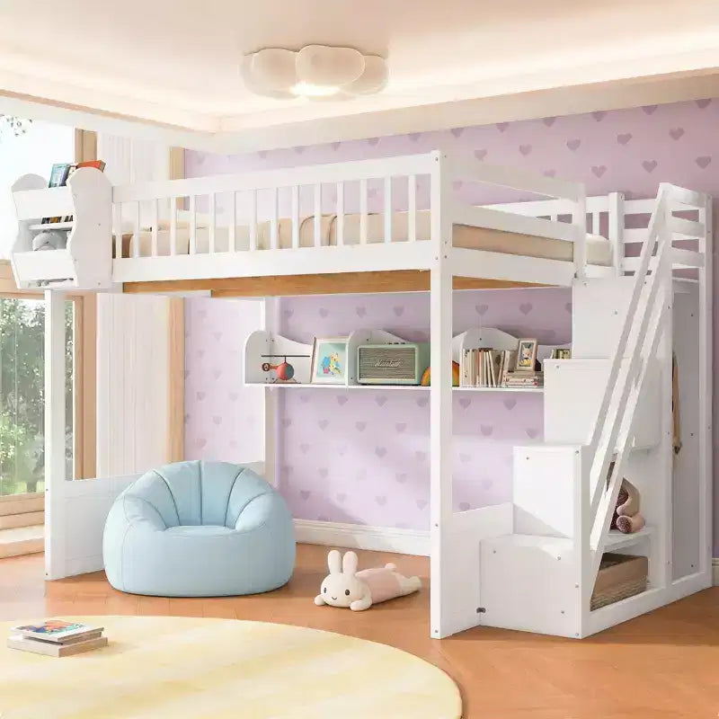 Letto a soppalco Luxystar Queen in legno con armadio, scala contenitore e ripiani