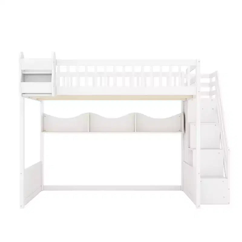 Letto a soppalco Luxystar Queen in legno con armadio, scala contenitore e ripiani