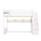 Letto a soppalco Luxystar Queen in legno con armadio, scala contenitore e ripiani