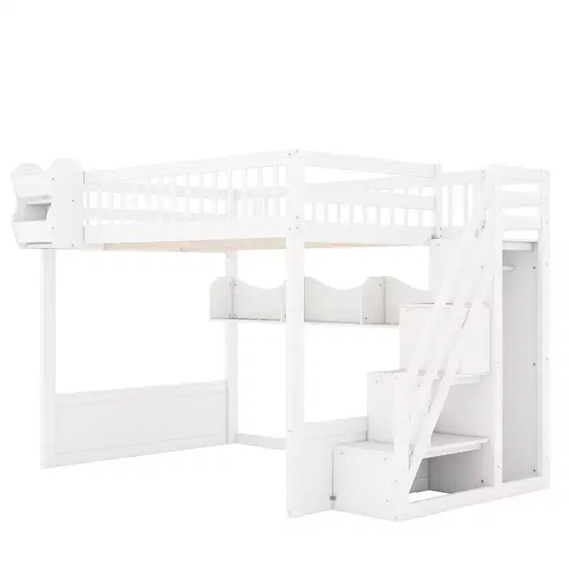 Letto a soppalco Luxystar Queen in legno con armadio, scala contenitore e ripiani