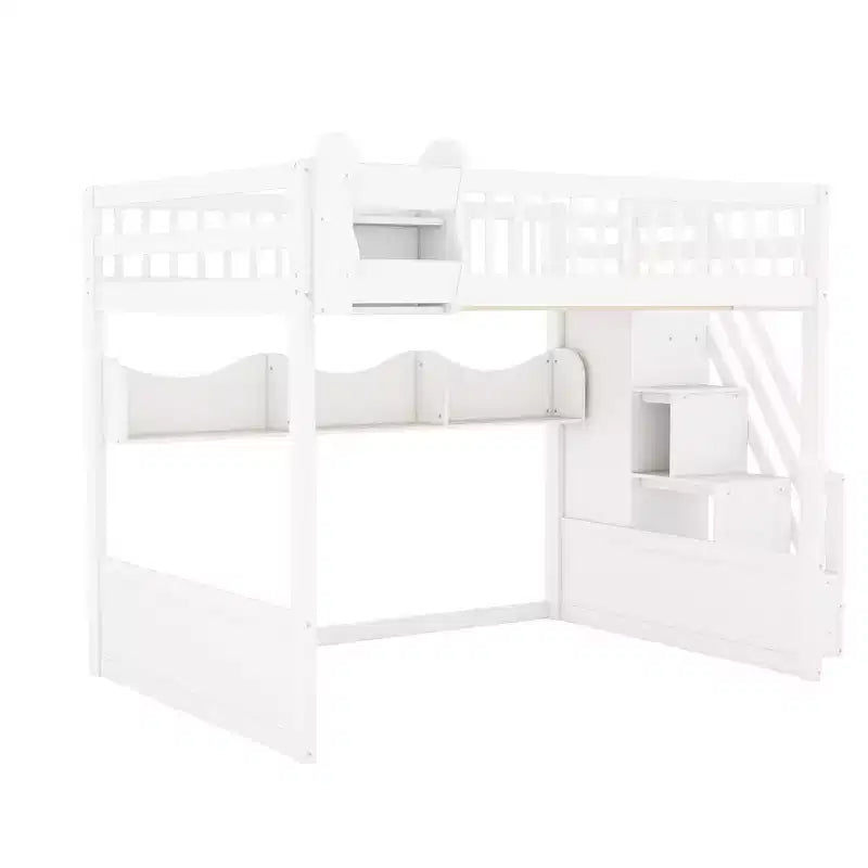 Letto a soppalco Luxystar Queen in legno con armadio, scala contenitore e ripiani