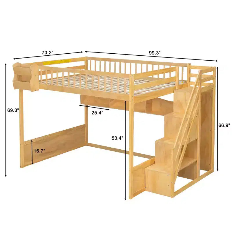 Letto a soppalco Luxystar Queen in legno con armadio, scala contenitore e ripiani
