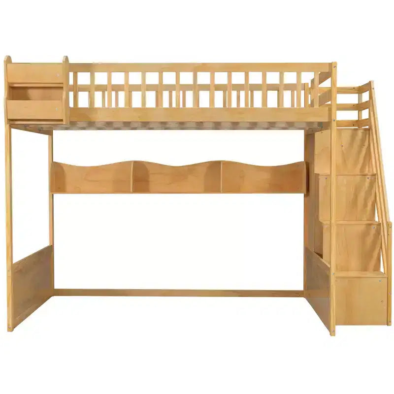 Letto a soppalco Luxystar Queen in legno con armadio, scala contenitore e ripiani