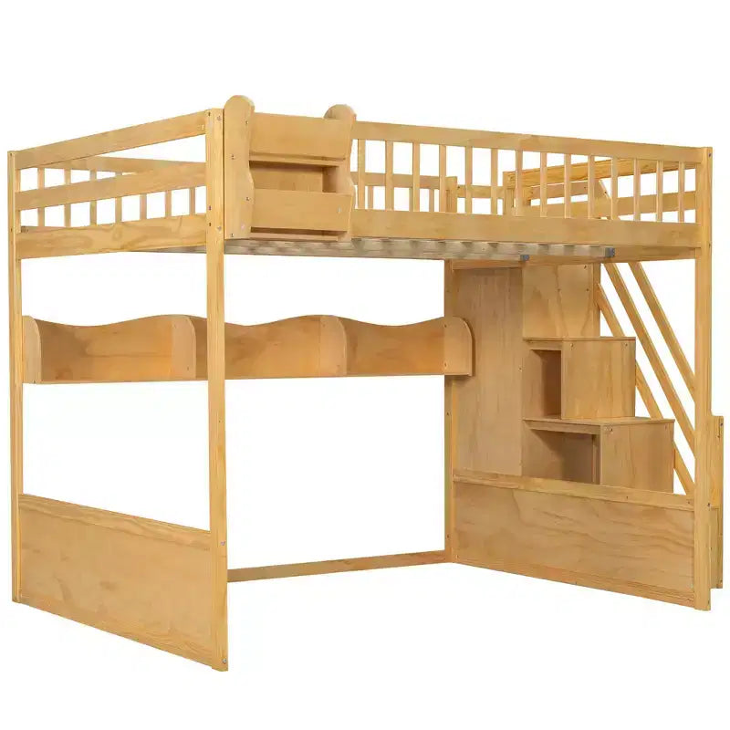 Letto a soppalco Luxystar Queen in legno con armadio, scala contenitore e ripiani