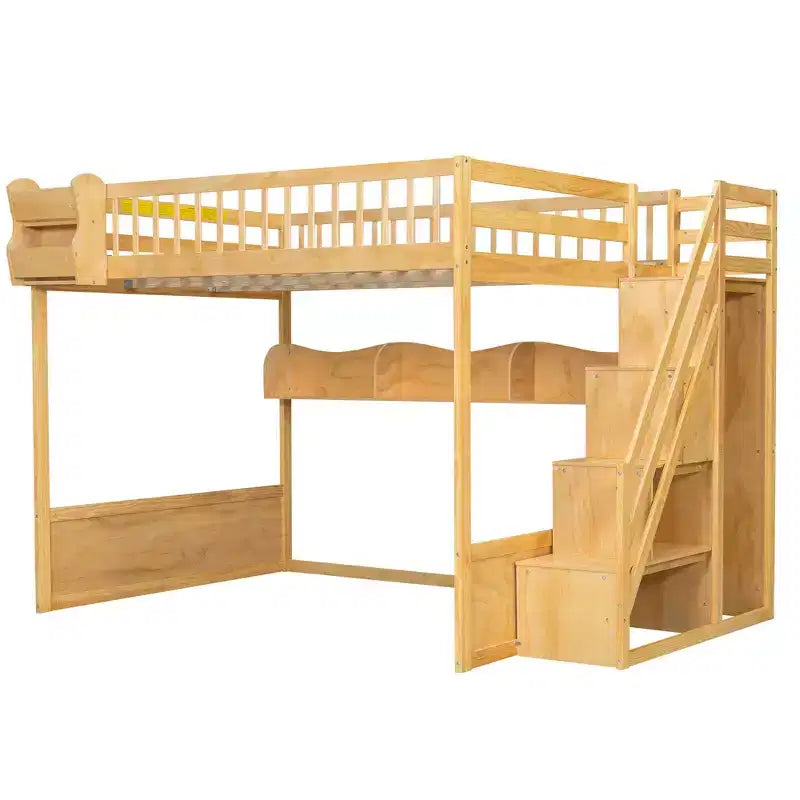 Letto a soppalco Luxystar Queen in legno con armadio, scala contenitore e ripiani