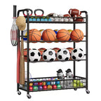 Garage Sports Equipment Organizer - Rolling Ball Storage Bin with Wheels, Outdoor Basketball Racks for Balls with Baseball Bat Holder and Hooks