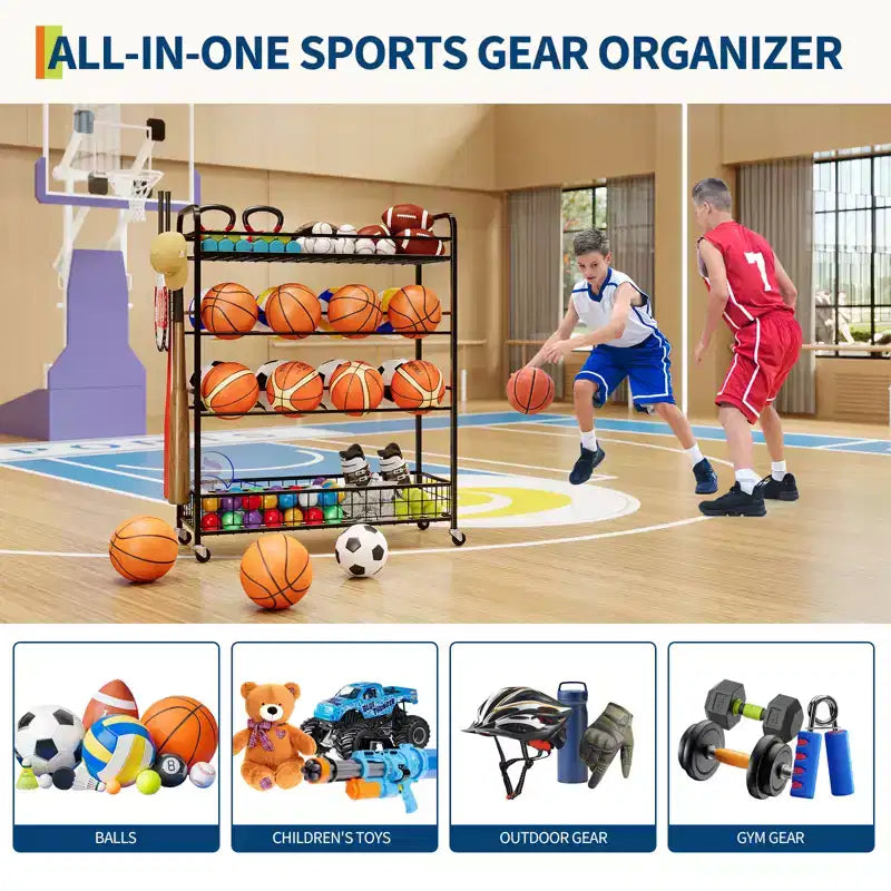 Organizzatore Attrezzatura Sportiva da Garage - Cesto Portapalloni con Ruote, Porta Palle da Basket da Esterno con Supporto per Mazze da Baseball e Ganci