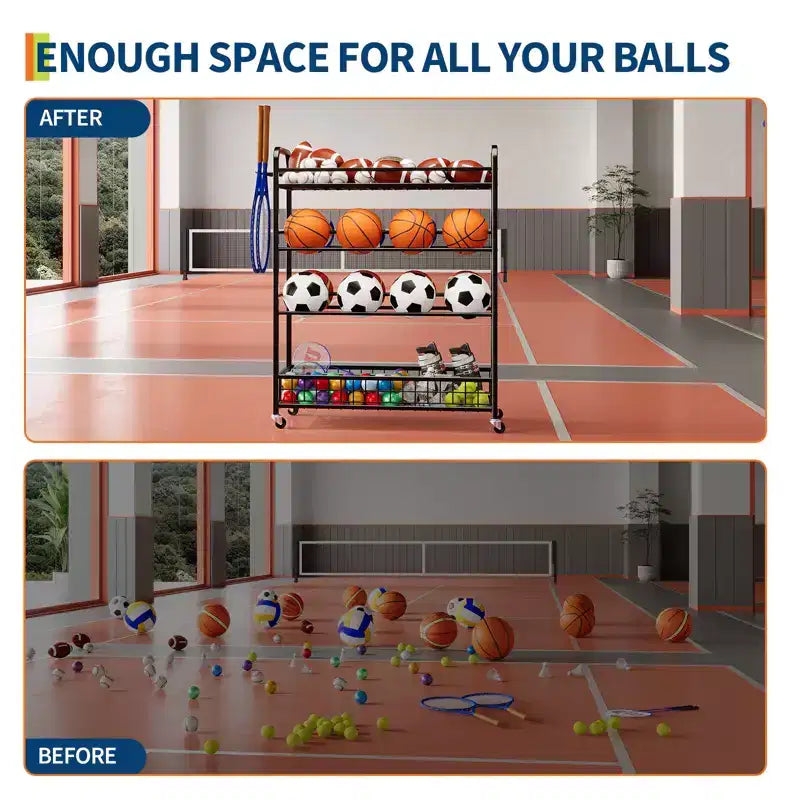Organizzatore Attrezzatura Sportiva da Garage - Cesto Portapalloni con Ruote, Porta Palle da Basket da Esterno con Supporto per Mazze da Baseball e Ganci