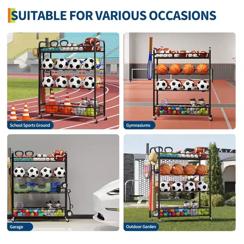 Organizzatore Attrezzatura Sportiva da Garage - Cesto Portapalloni con Ruote, Porta Palle da Basket da Esterno con Supporto per Mazze da Baseball e Ganci