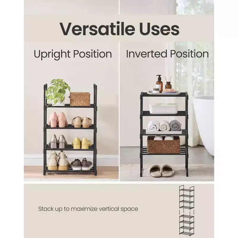 SONGMICS Scarpiera, Organizzatore di Scarpe a 4 Livelli, Scaffale Portaoggetti in Metallo, per 5-10 Paia, Impilabile, Garage, 30 x 42,5 x 72 cm, Nero