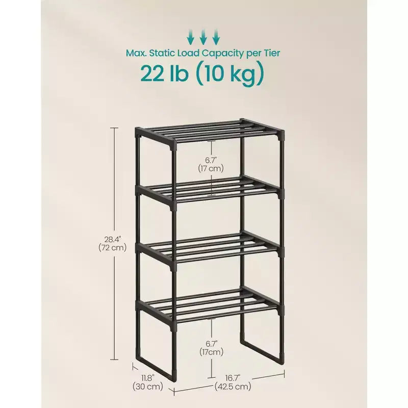 SONGMICS Scarpiera, Organizzatore di Scarpe a 4 Livelli, Scaffale Portaoggetti in Metallo, per 5-10 Paia, Impilabile, Garage, 30 x 42,5 x 72 cm, Nero