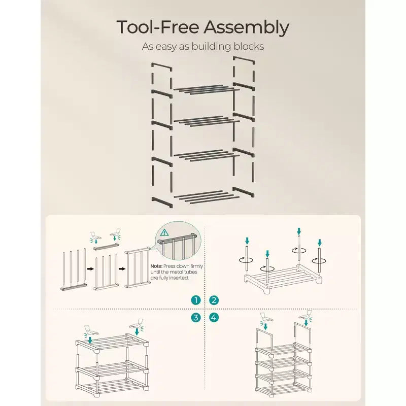 SONGMICS Scarpiera, Organizzatore di Scarpe a 4 Livelli, Scaffale Portaoggetti in Metallo, per 5-10 Paia, Impilabile, Garage, 30 x 42,5 x 72 cm, Nero