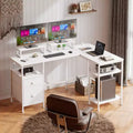 59 Inch White L Shaped Computer Desk with Charging Station Reversible Corner Gaming Desk File Cabinet Monitor Stand Storage Home Office Workstation