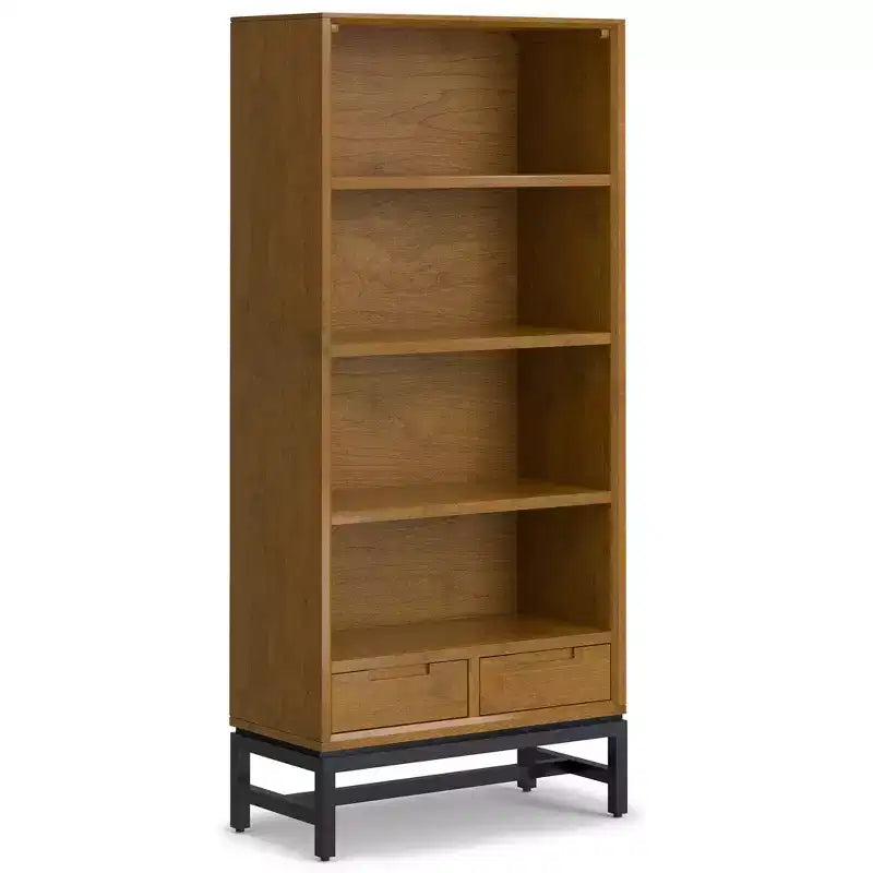 Devlin SOLID HARDWOOD and Metal 66 inch x 30 inchRectangle Modern Industrial Bookcase in Medium Saddle Brown