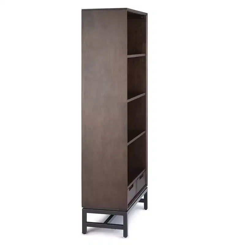 Libreria Devlin moderna industriale rettangolare in legno massello e metallo, 168 x 76 cm, color marrone sella medio