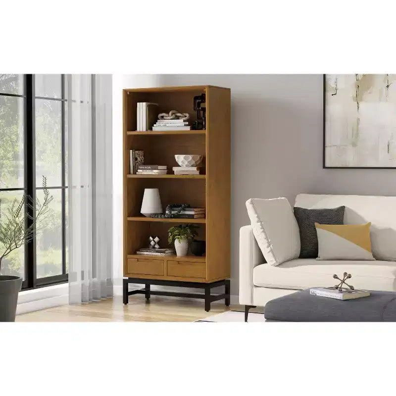 Libreria Devlin moderna industriale rettangolare in legno massello e metallo, 168 x 76 cm, color marrone sella medio