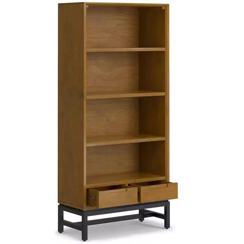 Libreria Devlin moderna industriale rettangolare in legno massello e metallo, 168 x 76 cm, color marrone sella medio