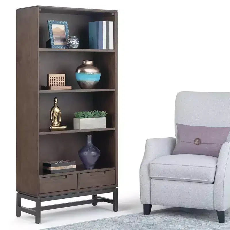 Libreria Devlin moderna industriale rettangolare in legno massello e metallo, 168 x 76 cm, color marrone sella medio