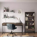 Libreria Devlin moderna industriale rettangolare in legno massello e metallo, 168 x 76 cm, color marrone sella medio