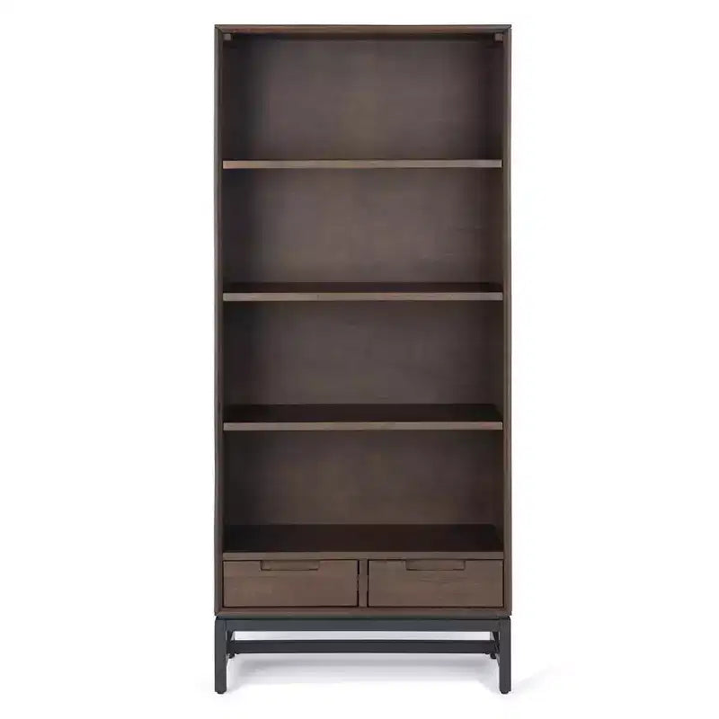 Libreria Devlin moderna industriale rettangolare in legno massello e metallo, 168 x 76 cm, color marrone sella medio