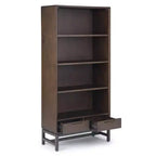 Libreria Devlin moderna industriale rettangolare in legno massello e metallo, 168 x 76 cm, color marrone sella medio